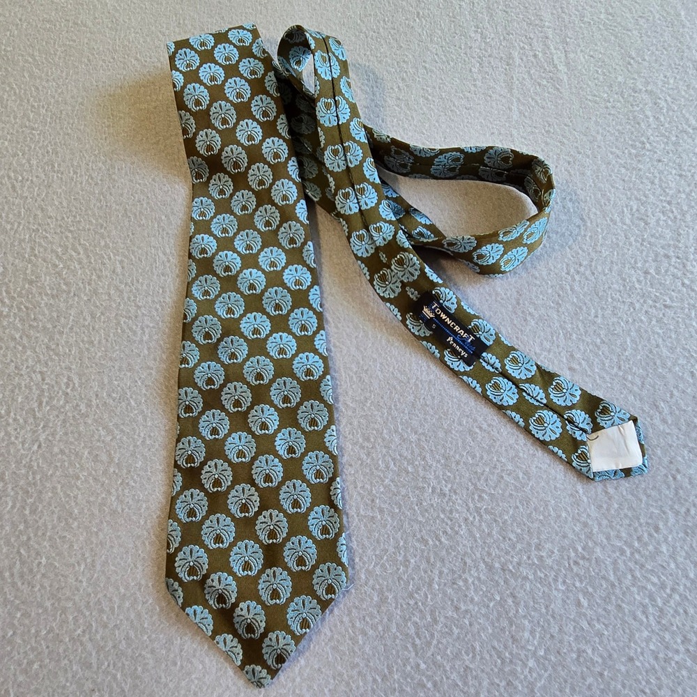 Towncraft Plus Penneys Tie Mens OS Olive Blue Floral Medallion Woven in France